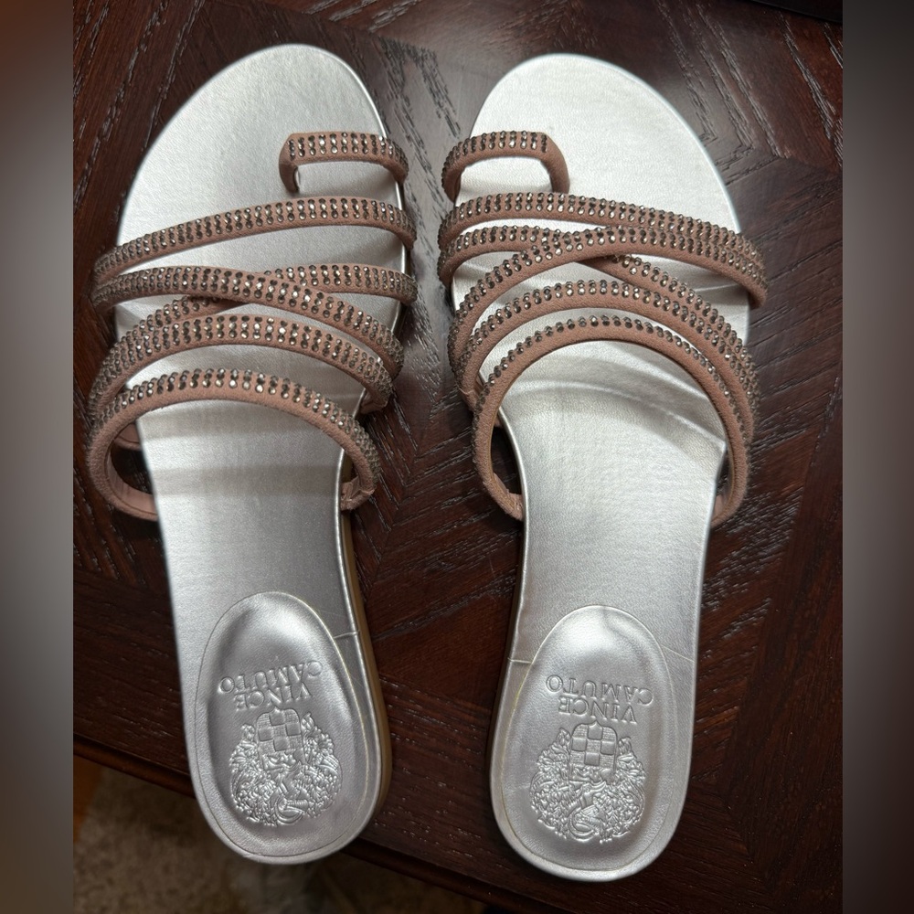Silver and Brown Strappy Sandals with Intricate Design